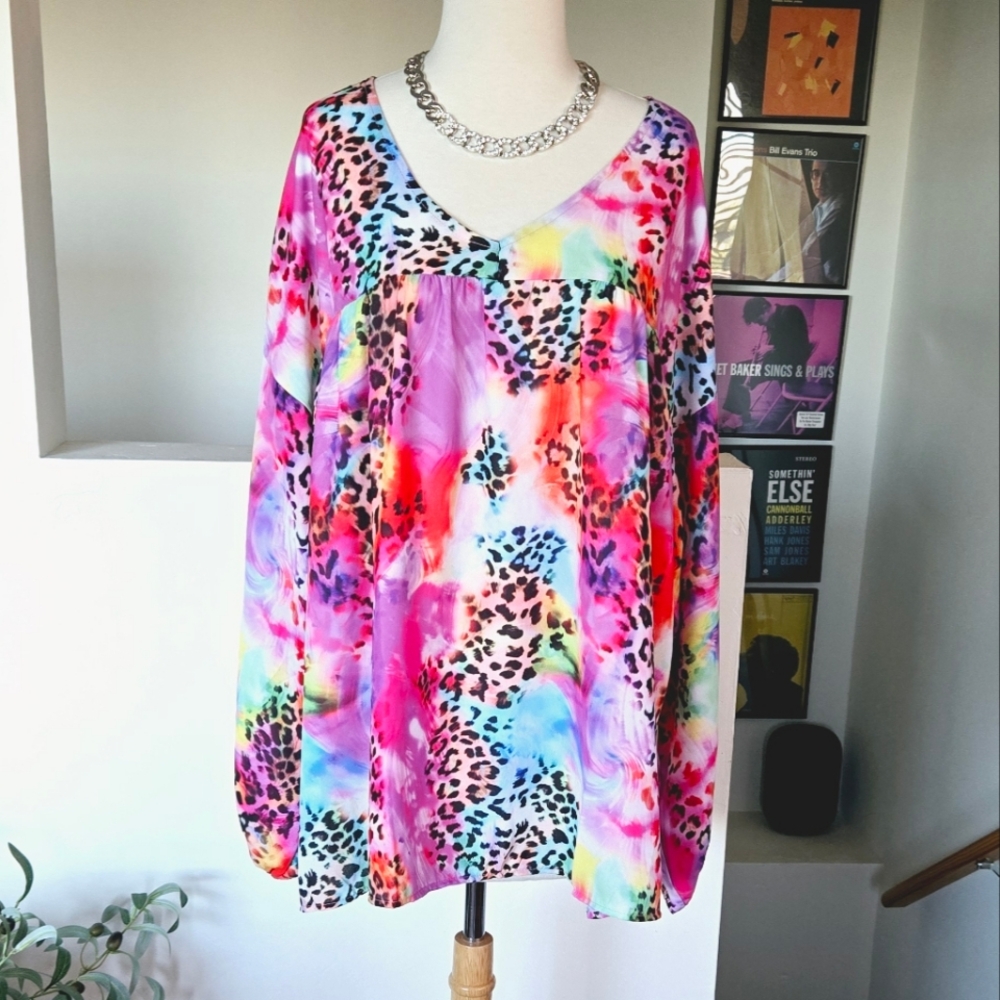New COTTON BLEU Multi Color Leopard Print Longsleeve Blouse 1X